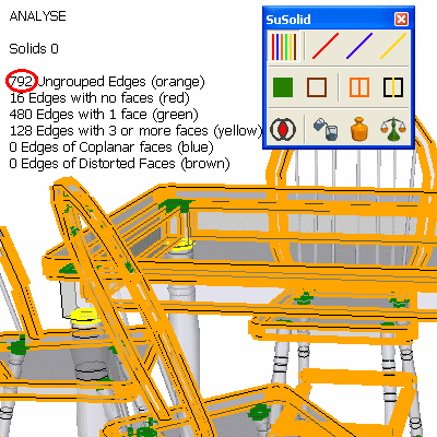 Analyse view of the table with orange ungrouped edges; the counter shows 792 ungrouped edges