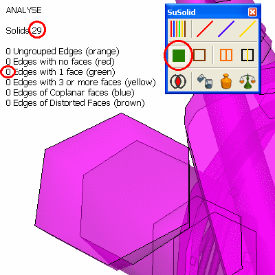 After Close Holes: the shapes are closed and shown in magenta; the counter shows 0 edges with 1 face and 29 solids