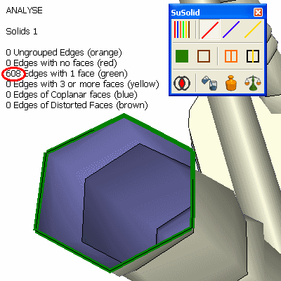 Analyse view of an open hexagonal shape with green open edges; the counter shows 608 edges with 1 face and 1 solid