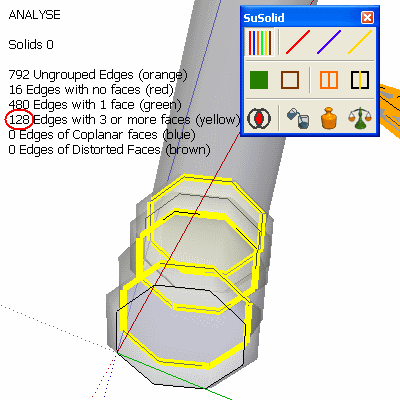 Analyse view of a table leg with yellow edges where internal faces meet; the counter shows 128 edges with 3 or more faces