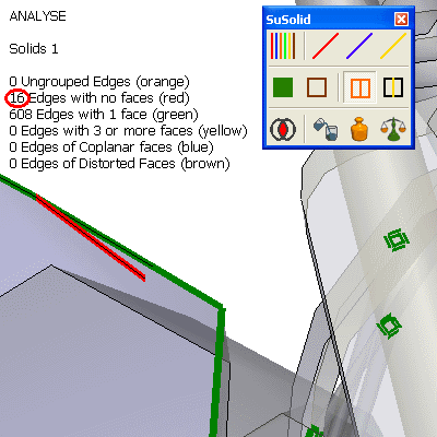 Analyse view with a red loose edge next to a face; the counter shows 16 edges with no faces