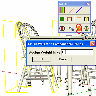 A chair selected, with the Assign Weight dialog open and 10 typed in the Assign Weight in kg field