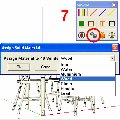 The Assign Solid Material dialog with Wood chosen from the list, for 49 solids
